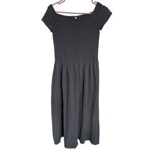 Arket Dress Smocked Midi Black Sz 8 Of The Shoulder Gypsy Witchy Romanticgoth